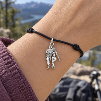 Hiking Side by Side Charm Bracelet – Personalized Couple Gift – worn on the wrist on a black cord bracelet