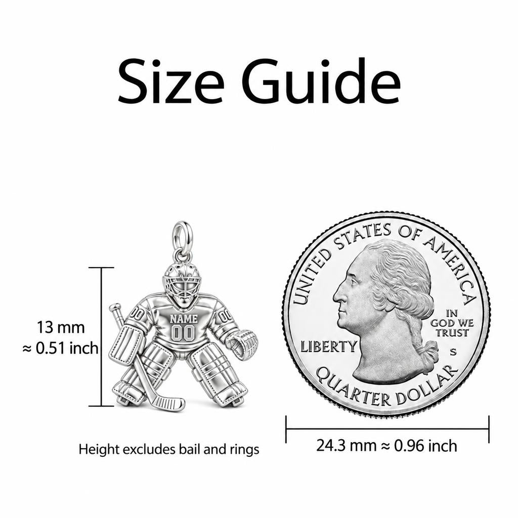 Hockey Goalie On Guard Charm Bracelet – Personalized Athlete Gift – size guide, 13 mm charm next to a quarter