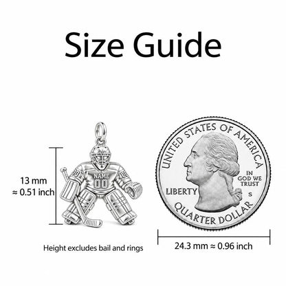 Hockey Goalie On Guard Charm Bracelet – Personalized Athlete Gift – size guide, 13 mm charm next to a quarter