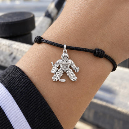 Hockey Goalie On Guard Charm Bracelet – Personalized Athlete Gift – worn on the wrist on a black cord bracelet