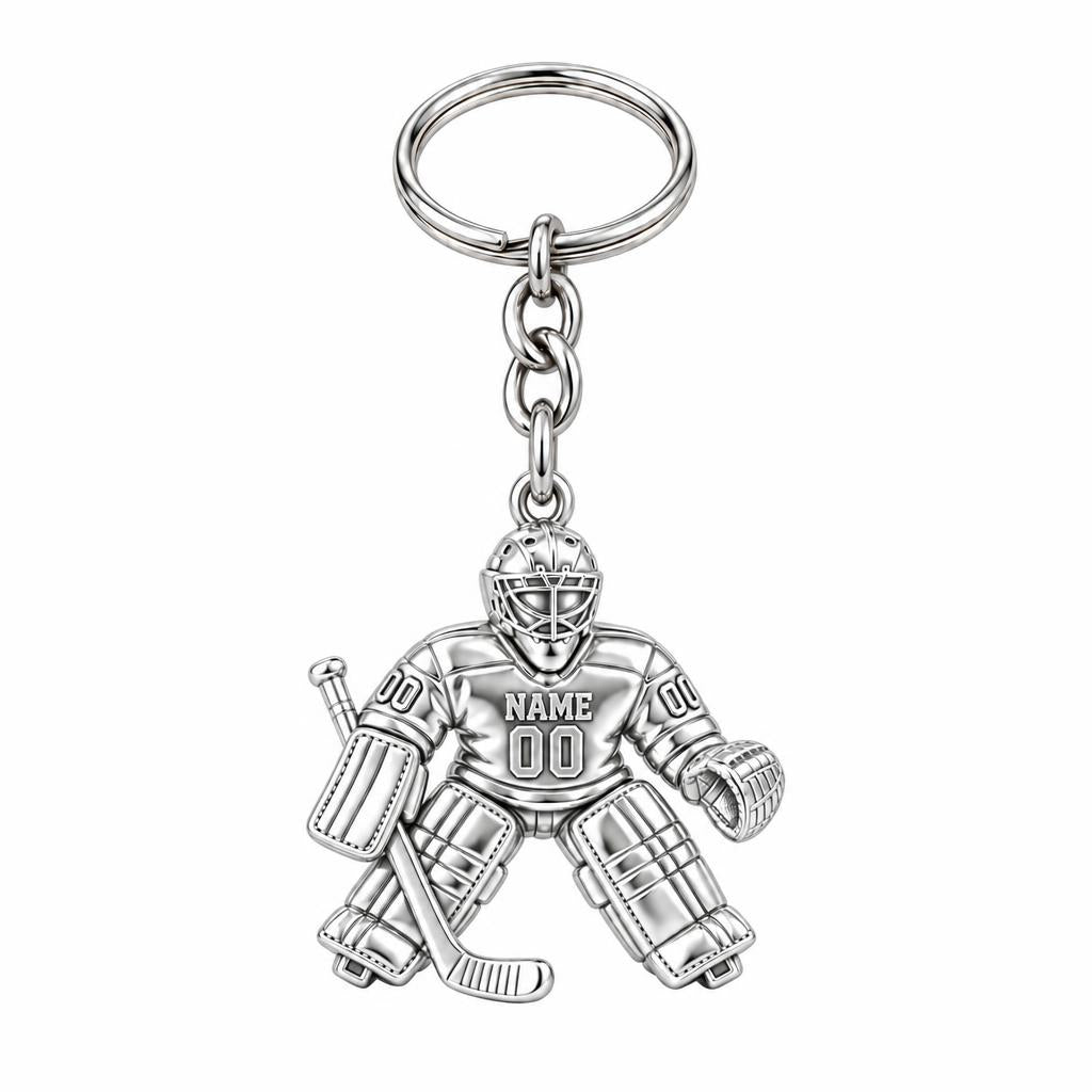 Hockey Goalie On Guard Charm Keychain – silver, front view