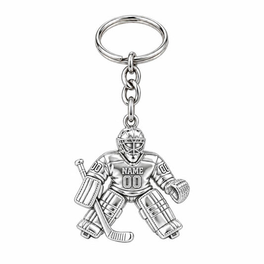 Hockey Goalie On Guard Charm Keychain – silver, front view
