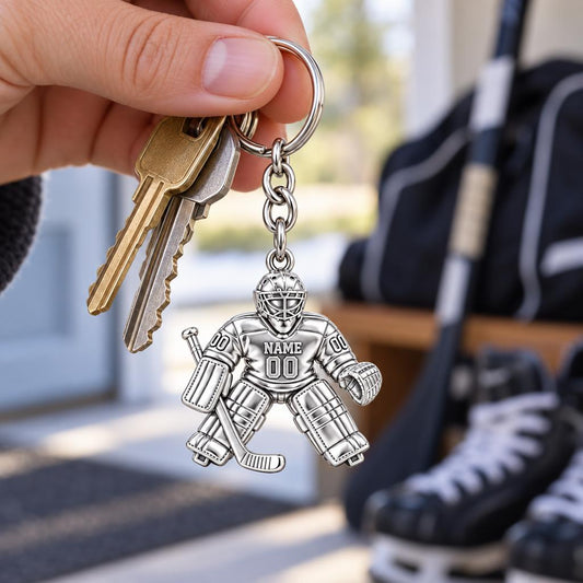Hockey Goalie On Guard Charm Keychain – worn / in use