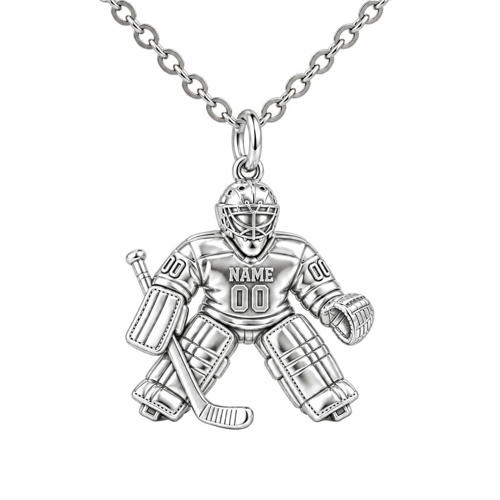 Hockey Goalie On Guard Charm Necklace Set – silver, front view