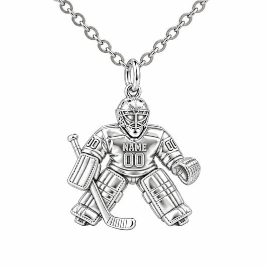 Hockey Goalie On Guard Charm Necklace Set – silver, front view