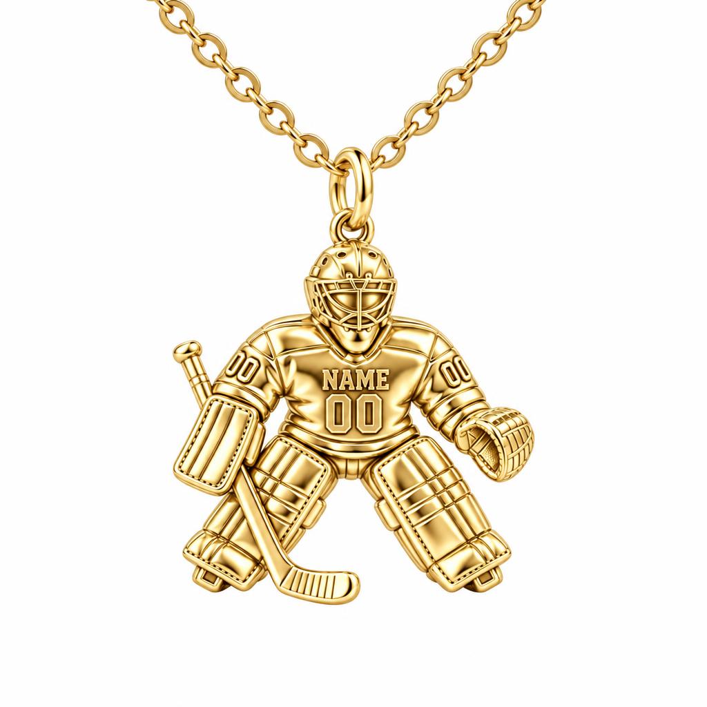 Hockey Goalie On Guard Charm Necklace Set – 18K gold, front view
