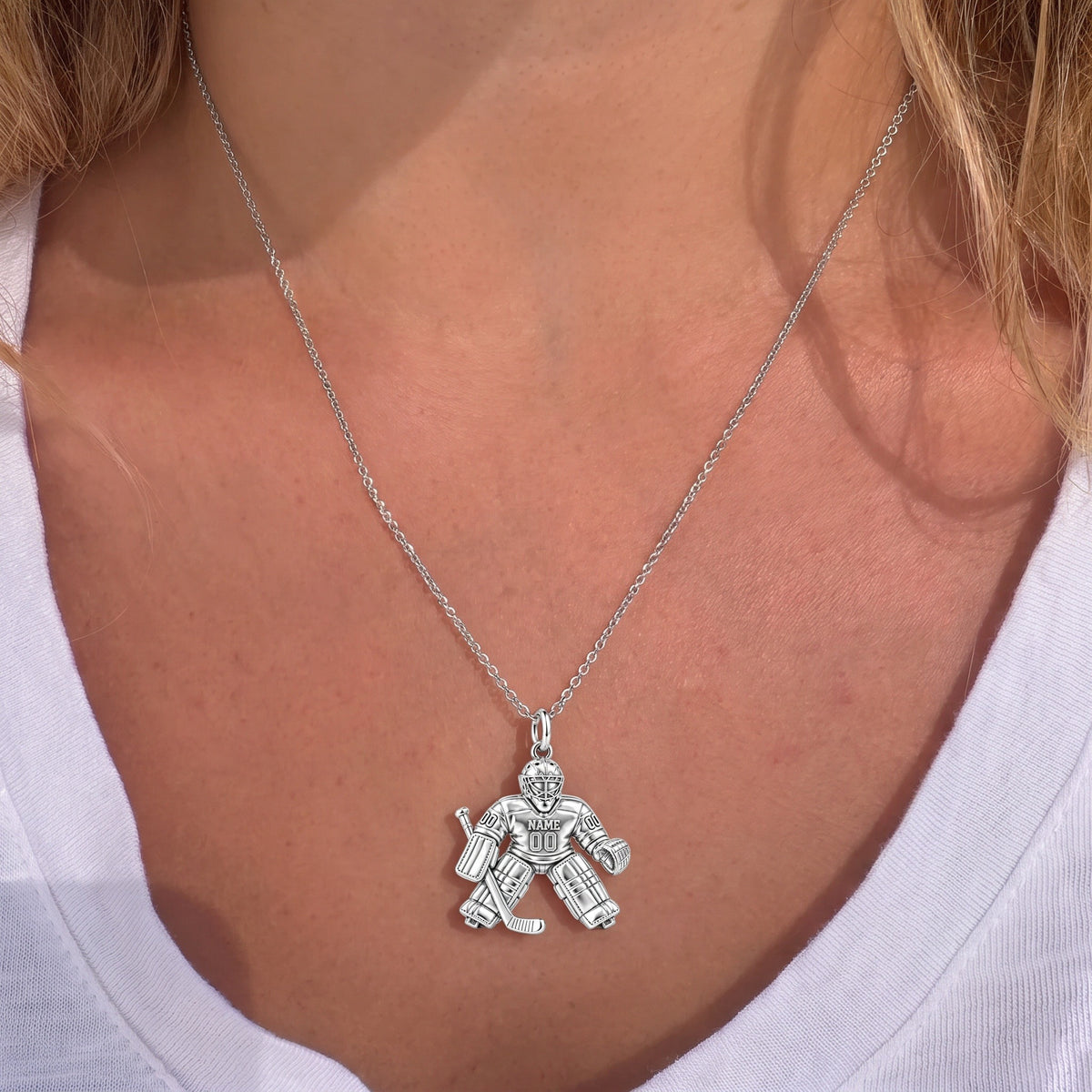 Hockey Goalie On Guard Charm Necklace Set – worn / in use