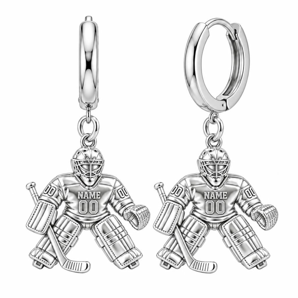 Hockey Goalie On Guard Huggie Charm Earrings – silver, front view