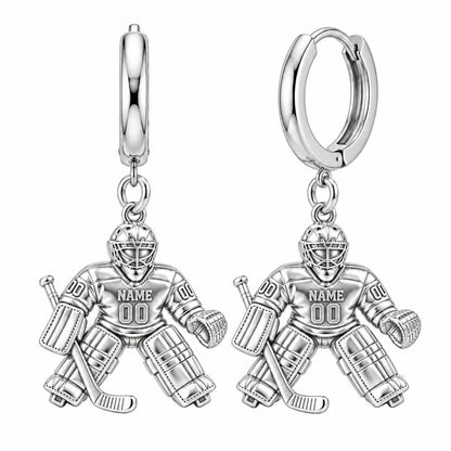 Hockey Goalie On Guard Huggie Charm Earrings – silver, front view