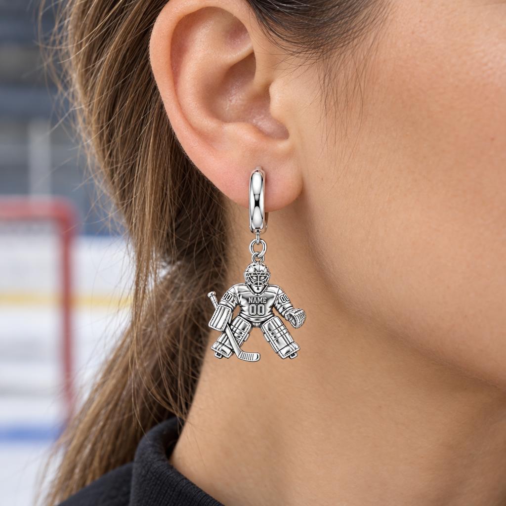 Hockey Goalie On Guard Huggie Charm Earrings – worn / in use