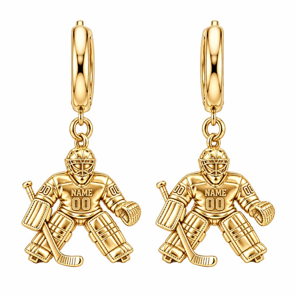 Hockey Goalie On Guard Huggie Charm Earrings – 18K gold, front view