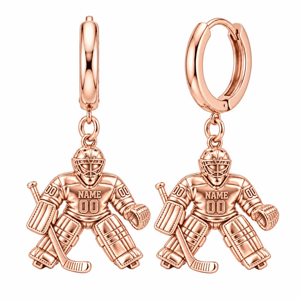 Hockey Goalie On Guard Huggie Charm Earrings – rose gold, front view