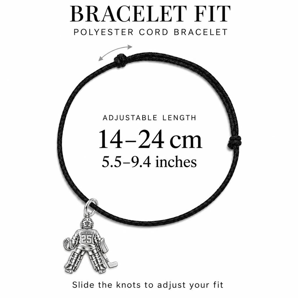 Hockey Goalie Stand Tall Charm Bracelet – Personalized Mom Gift – adjustable black cord bracelet, 14–24 cm
