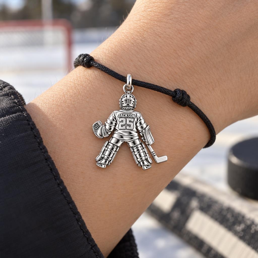 Hockey Goalie Stand Tall Charm Bracelet – Personalized Mom Gift – worn on the wrist on a black cord bracelet