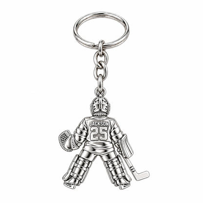Hockey Goalie Stand Tall Charm Keychain – silver, front view