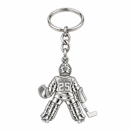 Hockey Goalie Stand Tall Charm Keychain – silver, front view