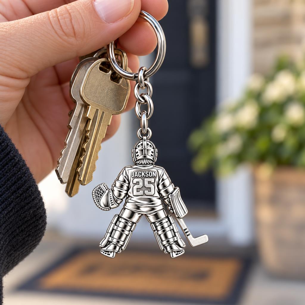 Hockey Goalie Stand Tall Charm Keychain – worn / in use