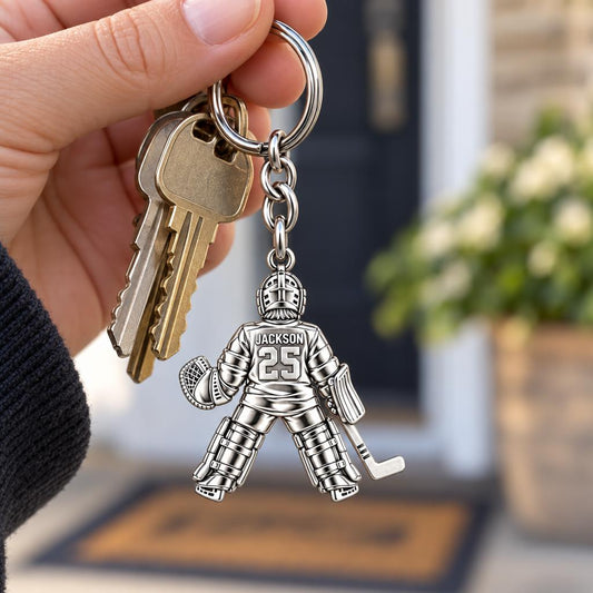 Hockey Goalie Stand Tall Charm Keychain – worn / in use