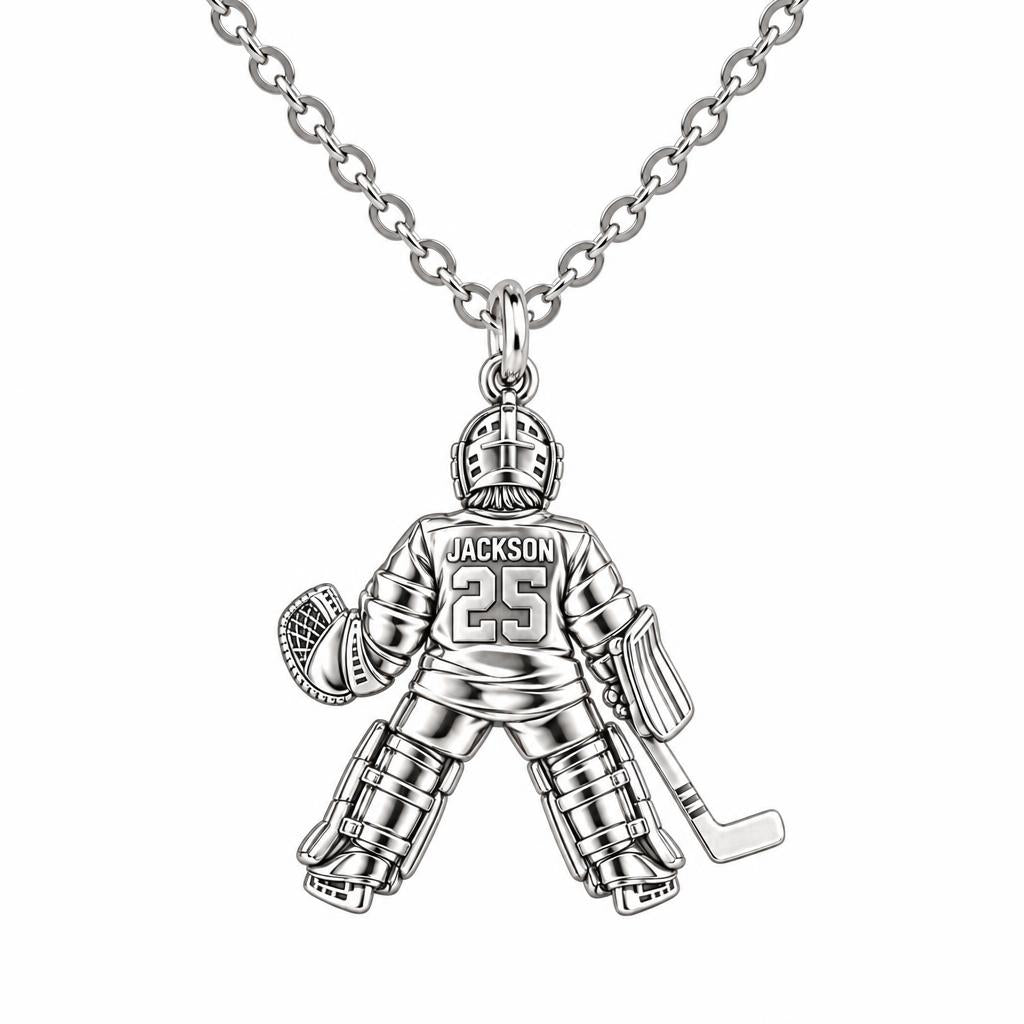 Hockey Goalie Stand Tall Charm Necklace Set – silver, front view