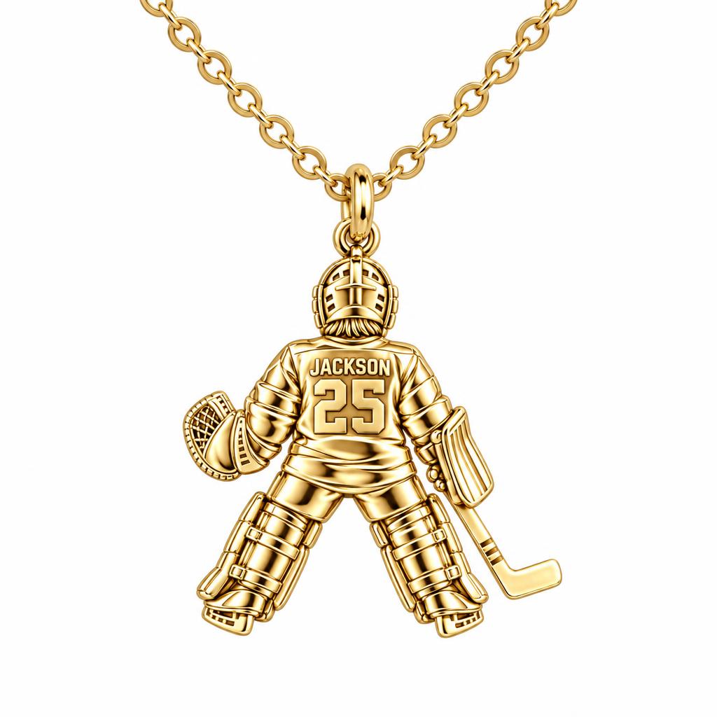 Hockey Goalie Stand Tall Charm Necklace Set – 18K gold, front view