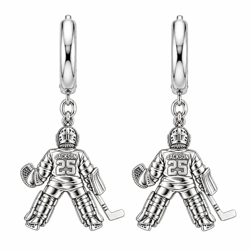 Hockey Goalie Stand Tall Huggie Charm Earrings – silver, front view