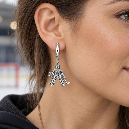 Hockey Goalie Stand Tall Huggie Charm Earrings – worn / in use