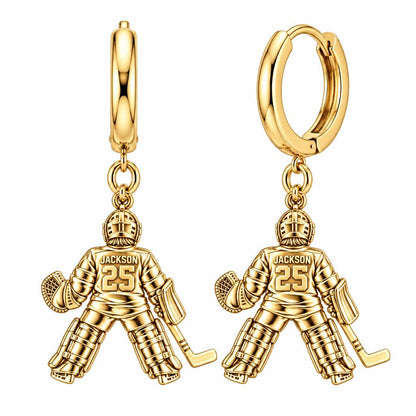 Hockey Goalie Stand Tall Huggie Charm Earrings – 18K gold, front view