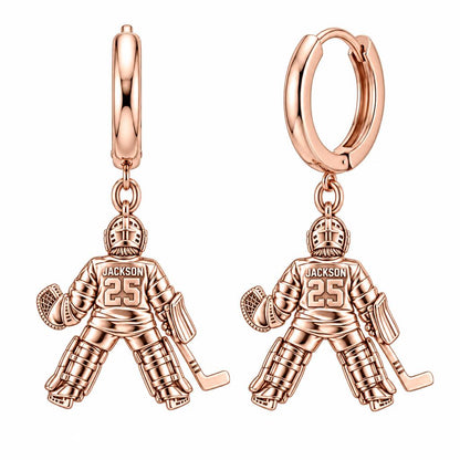 Hockey Goalie Stand Tall Huggie Charm Earrings – rose gold, front view
