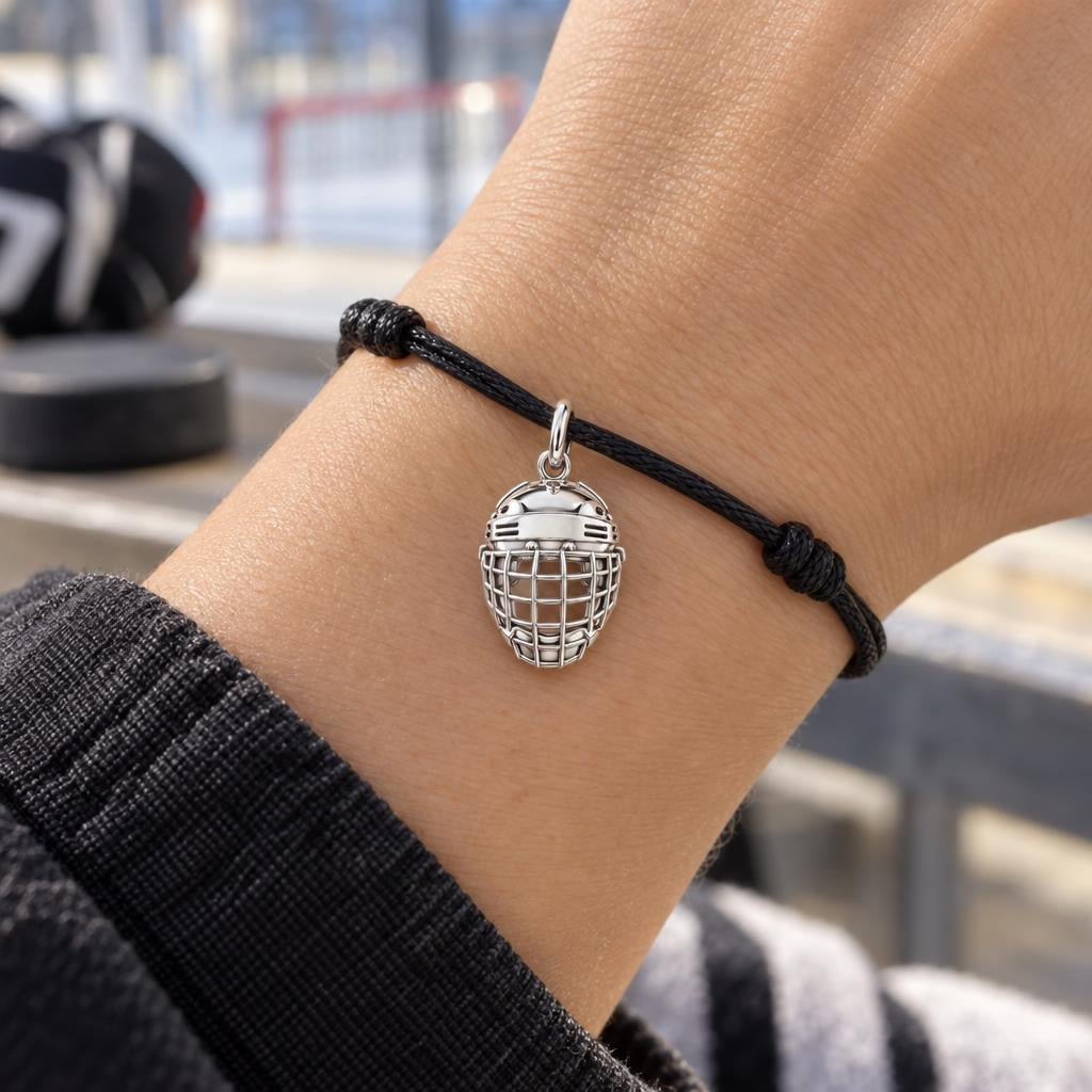 Hockey Hero Helmet Charm Bracelet – Personalized Mom Gift – worn on the wrist on a black cord bracelet