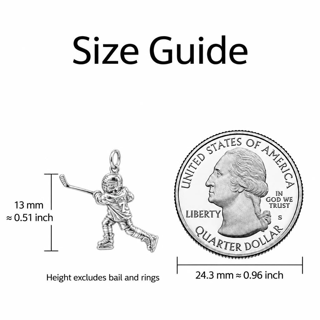 Hockey Star in Motion Charm Bracelet – Personalized Hockey Mom Gift – size guide, 13 mm charm next to a quarter