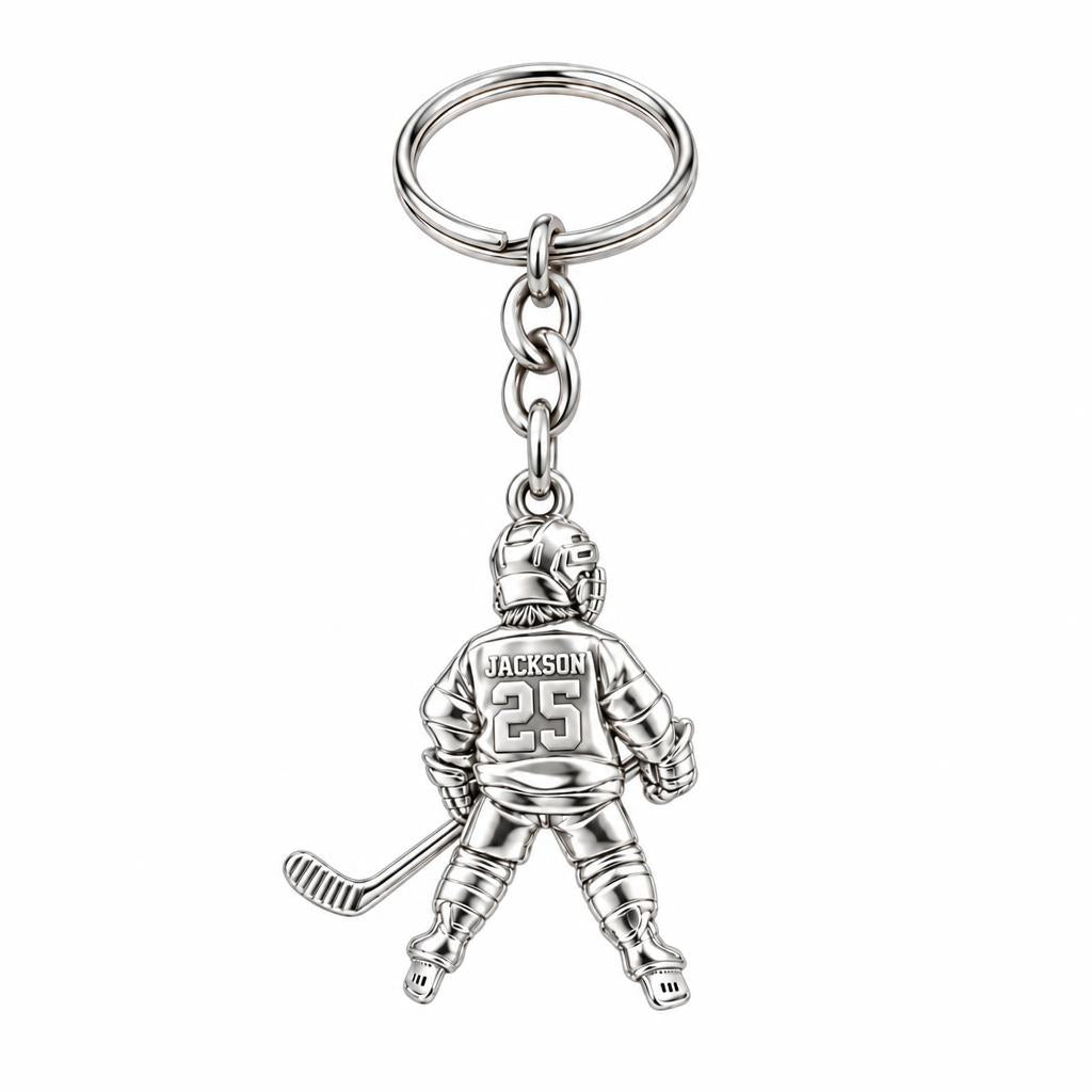 Hockey Star In Motion Charm Keychain – silver, front view