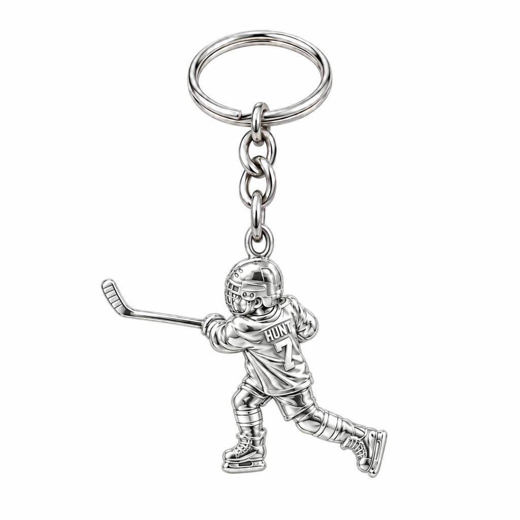 Hockey Star in Motion Charm Keychain – silver, front view