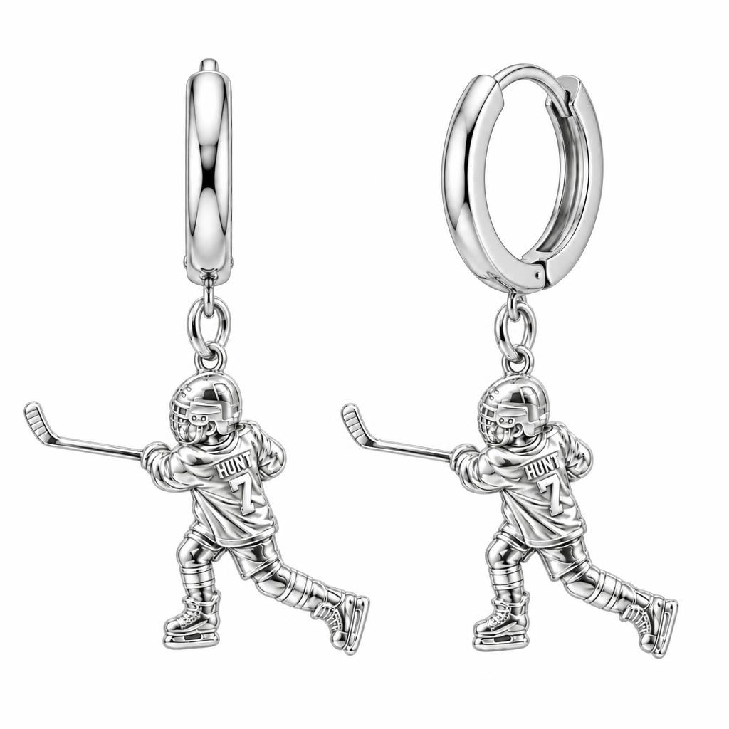 Hockey Star in Motion Huggie Charm Earrings – silver, front view