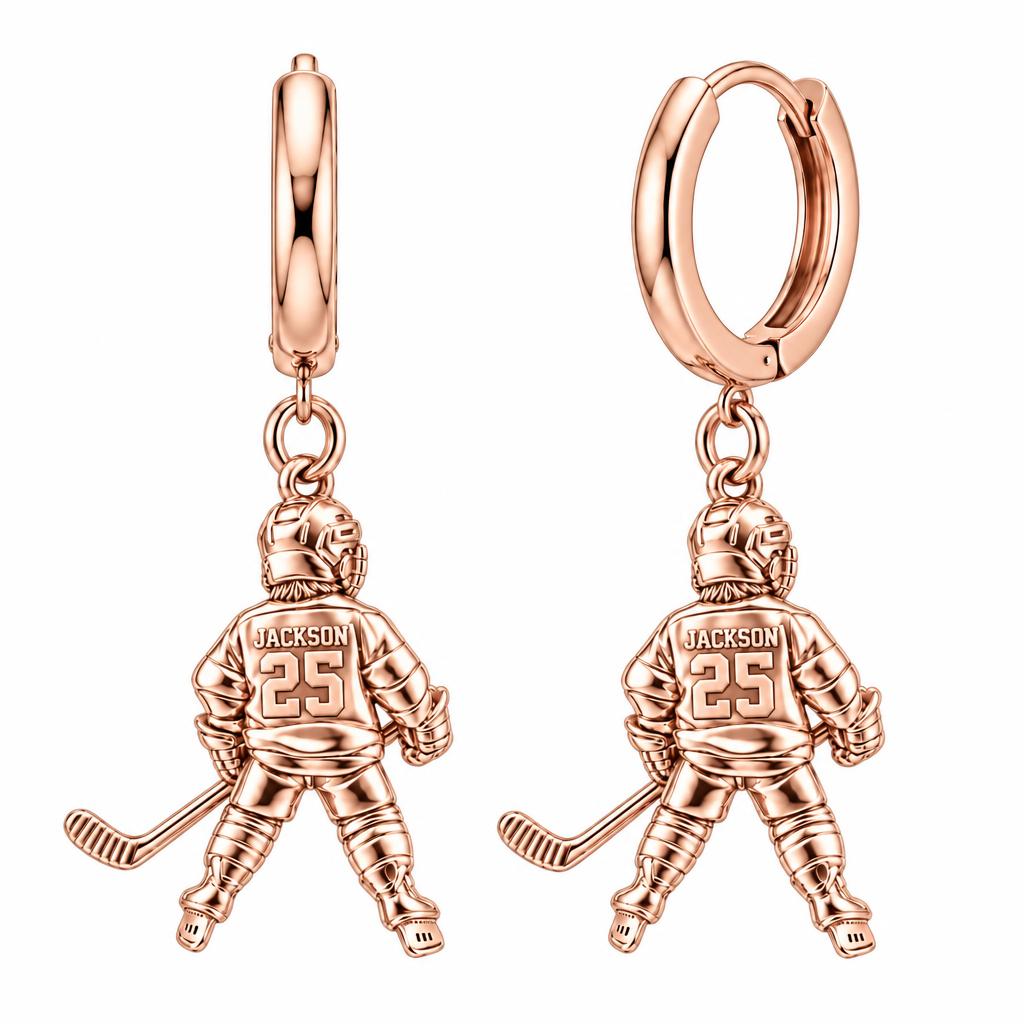 Hockey Star In Motion Huggie Charm Earrings – rose gold, front view
