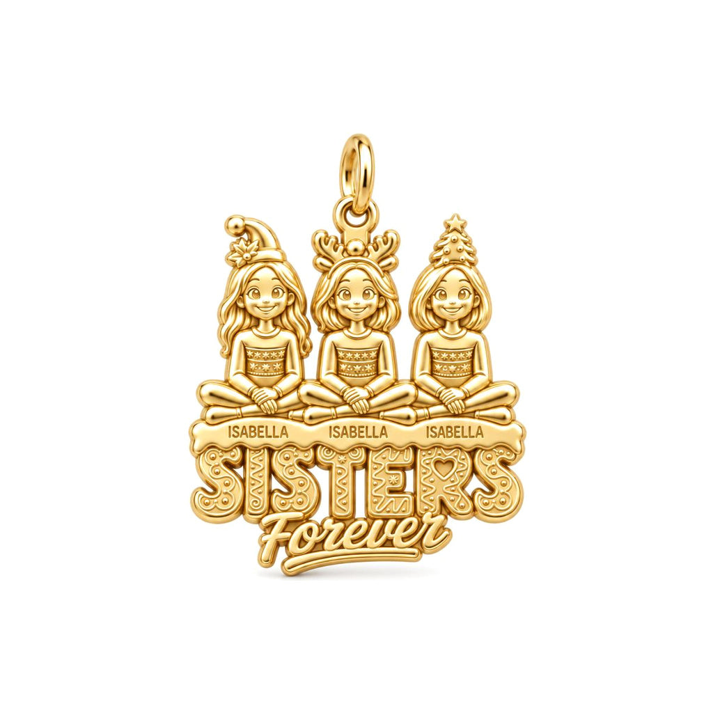 Holiday Sisterhood Forever Charm Bracelet – Personalized Sister Gift – 18K gold plated 3 cm charm, front view