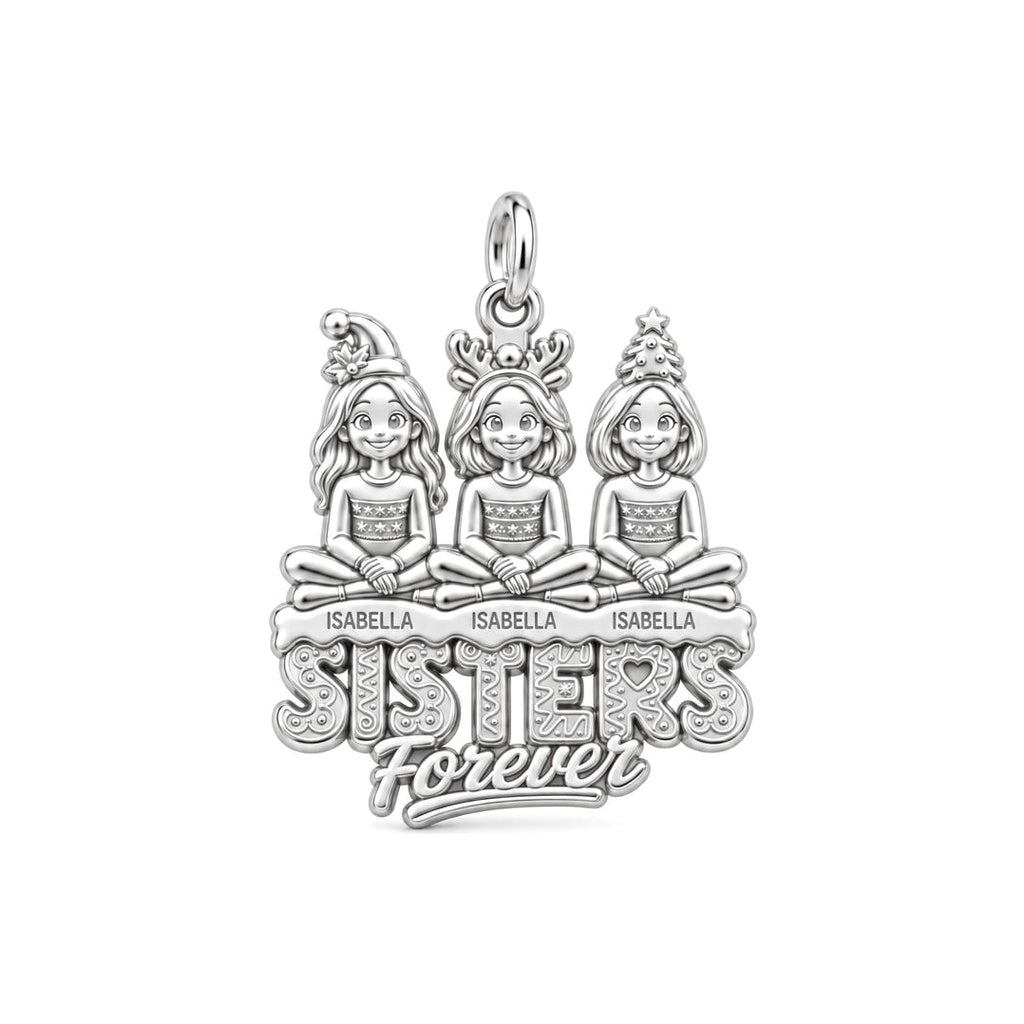 Holiday Sisterhood Forever Charm Bracelet – Personalized Sister Gift – silver plated 3 cm charm, front view