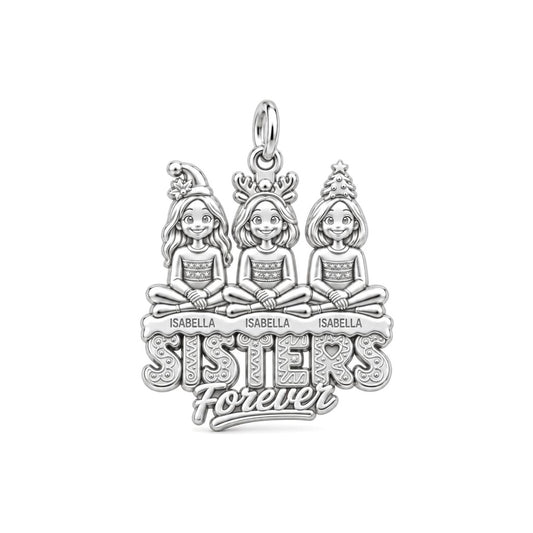 Holiday Sisterhood Forever Charm Bracelet – Personalized Sister Gift – silver plated 3 cm charm, front view