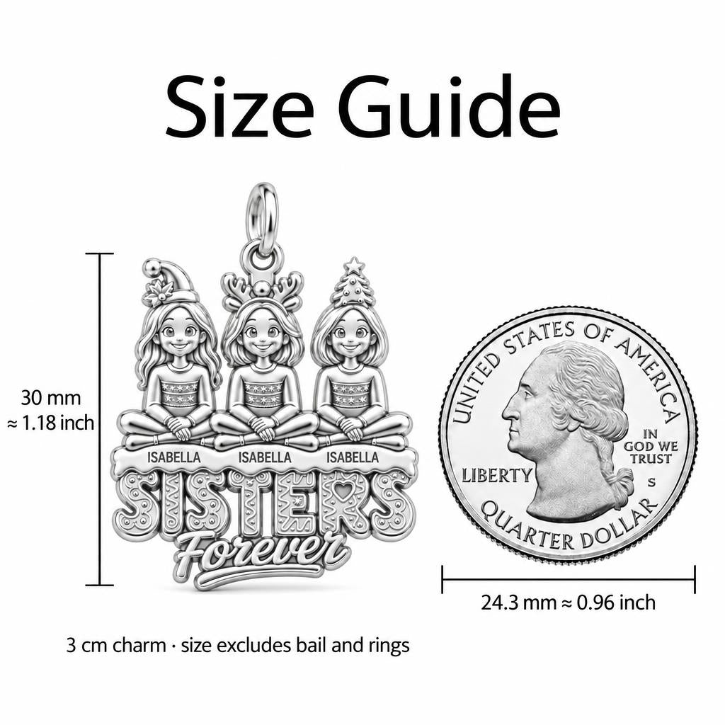 Holiday Sisterhood Forever Charm Bracelet – Personalized Sister Gift – size guide, 3 cm charm next to a quarter
