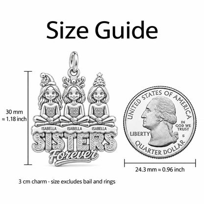 Holiday Sisterhood Forever Charm Bracelet – Personalized Sister Gift – size guide, 3 cm charm next to a quarter