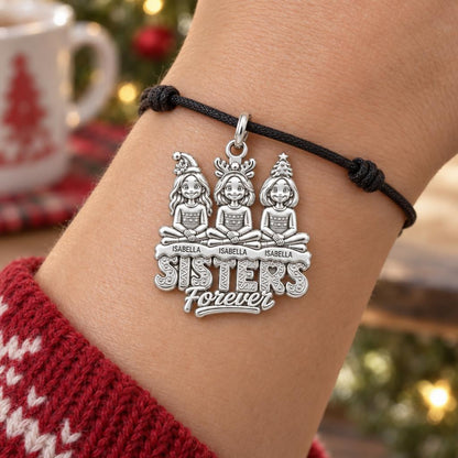 Holiday Sisterhood Forever Charm Bracelet – Personalized Sister Gift – worn on the wrist on a black cord bracelet