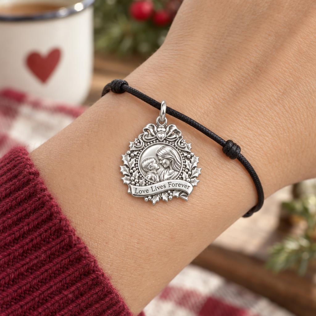 Holly Wreath Photo Charm Bracelet – Personalized Mom Gift – worn on the wrist on a black cord bracelet