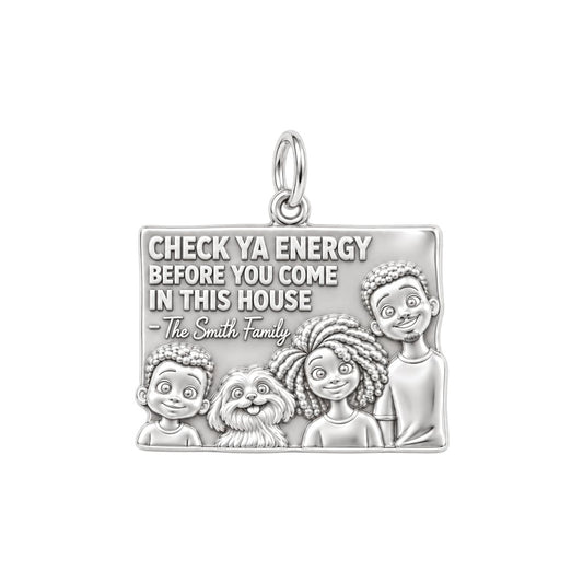 Home Energy Family Sign Charm Bracelet – Personalized Mom Gift – silver plated 3 cm charm, front view