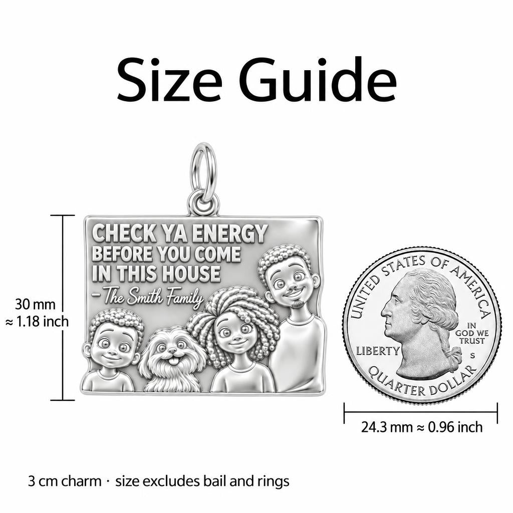 Home Energy Family Sign Charm Bracelet – Personalized Mom Gift – size guide, 3 cm charm next to a quarter