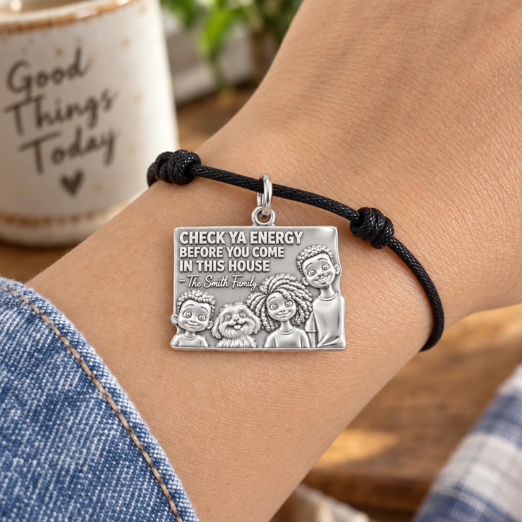 Home Energy Family Sign Charm Bracelet – Personalized Mom Gift – worn on the wrist on a black cord bracelet