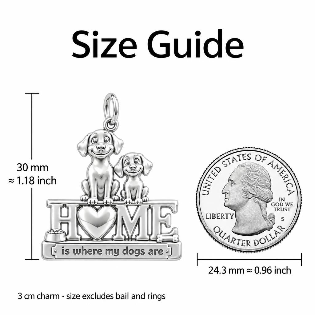Home Is Where My Dogs Are Charm Bracelet – Personalized Dog Mom Gift – size guide, 3 cm charm next to a quarter