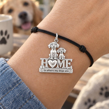 Home Is Where My Dogs Are Charm Bracelet – Personalized Dog Mom Gift – worn on the wrist on a black cord bracelet