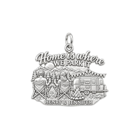 Home Is Where We Park It Charm Bracelet – Personalized Couple Gift – silver plated 2 cm charm, front view