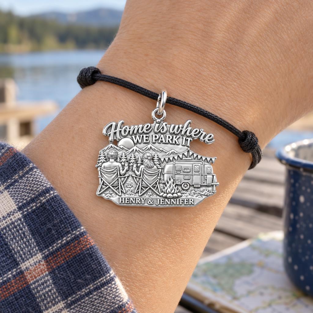 Home Is Where We Park It Charm Bracelet – Personalized Couple Gift – worn on the wrist on a black cord bracelet