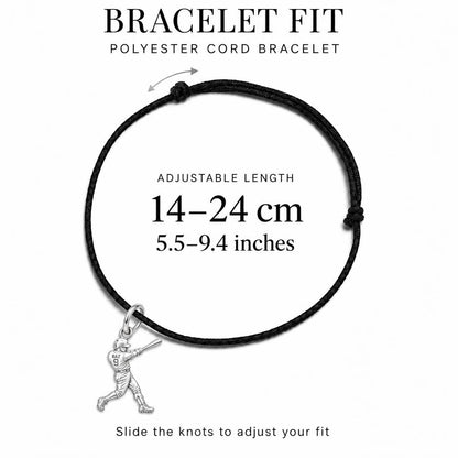 Home Run Hitter Charm Bracelet – Personalized Baseball Gift – adjustable black cord bracelet, 14–24 cm