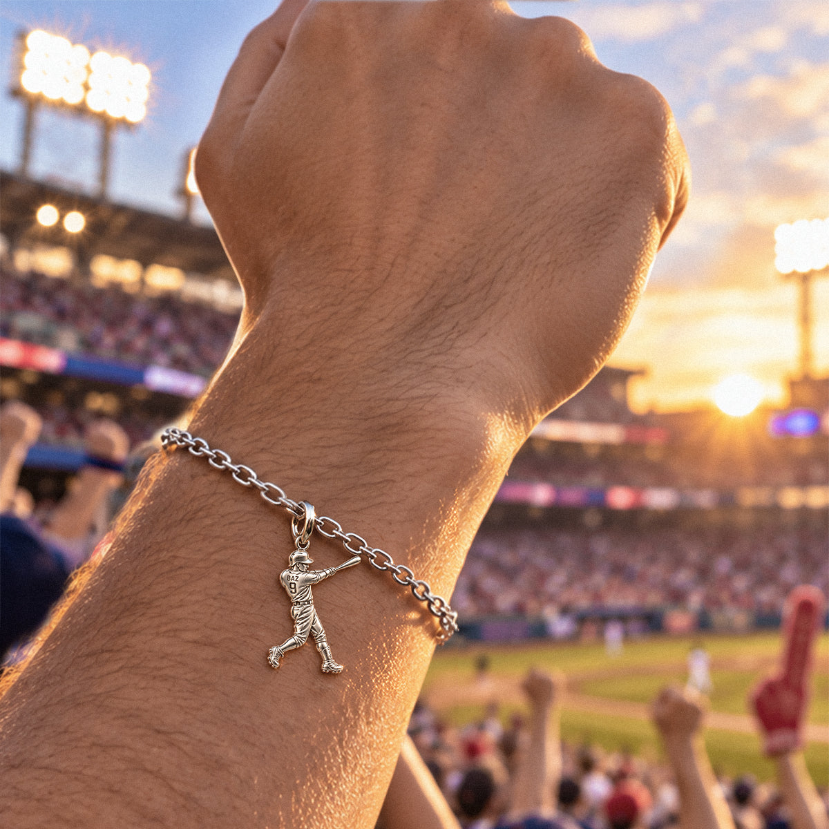 Home Run Hitter Charm Bracelet – Personalized Baseball Gift – worn on the wrist on a black cord bracelet